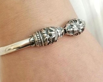 Sterling silver lion head bracelet, animal head cuff