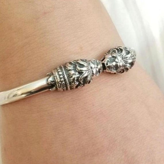 Lion bracelet, sterling silver 925, animal head cuff, adjustable bangle