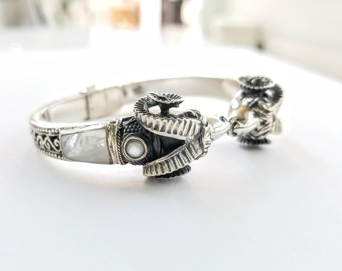 Ram Head Bracelet with Mother of Pearl Inlays, animal cuff in sterling silver 925