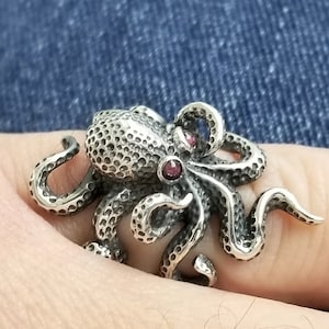 Adorable Sterling Silver Octopus Ring, Dark Textured Skin and Garnet Eyes, Adjustable Size