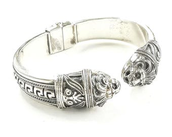 Wide lion bracelet with Greek Key design, sterling silver animal cuff