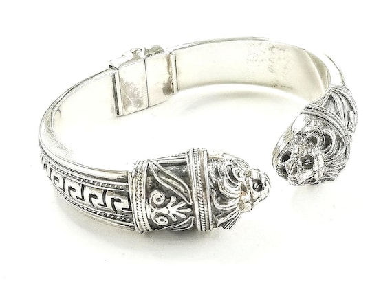 Sterling Silver Lion Head Cuff Bracelet, Greek Key Design, Statement Animal Jewellery