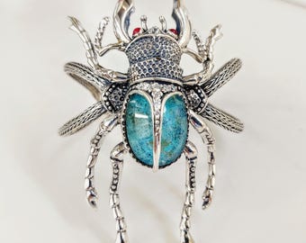 Sterling Silver Scarab Bracelet with Chrysocolla, Garnet Eyes and Cubic Zirconia, Egyptian Beetle Jewelry