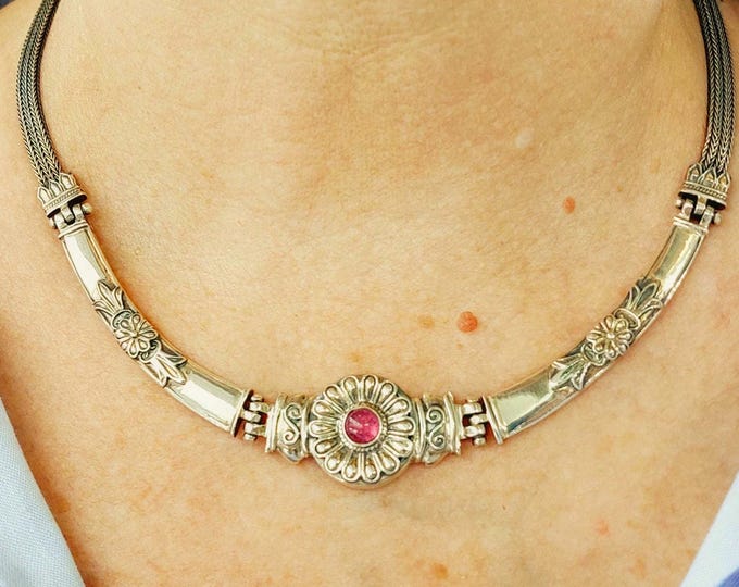 Pink tourmaline necklace in sterling silver with flat, handwoven chain