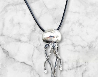 Sterling Silver Jellyfish Pendant with Cubic Zirconia, Handmade Long Jellyfish Necklace on Black Leather Cord, Ocean Jewelry Gift for Her