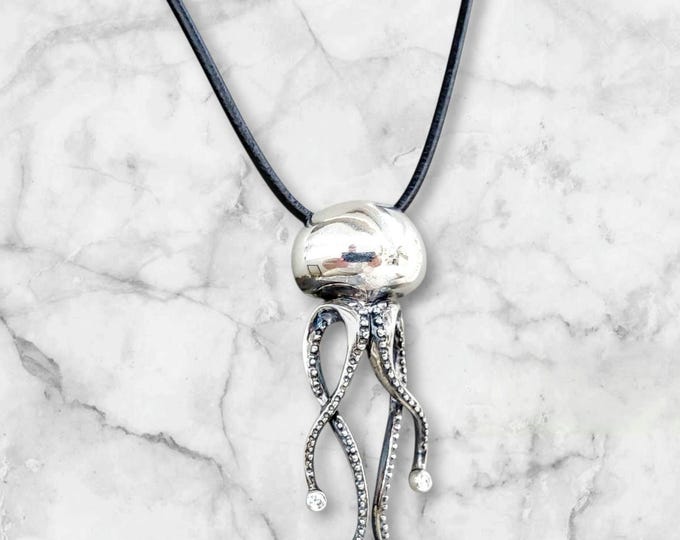Sterling Silver Jellyfish Pendant with Cubic Zirconia, Handmade Long Jellyfish Necklace on Black Leather Cord, Ocean Jewelry Gift for Her