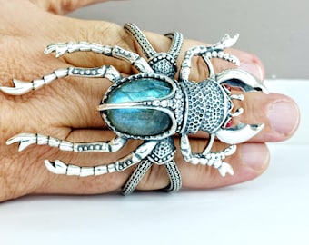 Sterling Silver Scarab Bracelet with labradorite doublet gemstone, Beetle Jewelry