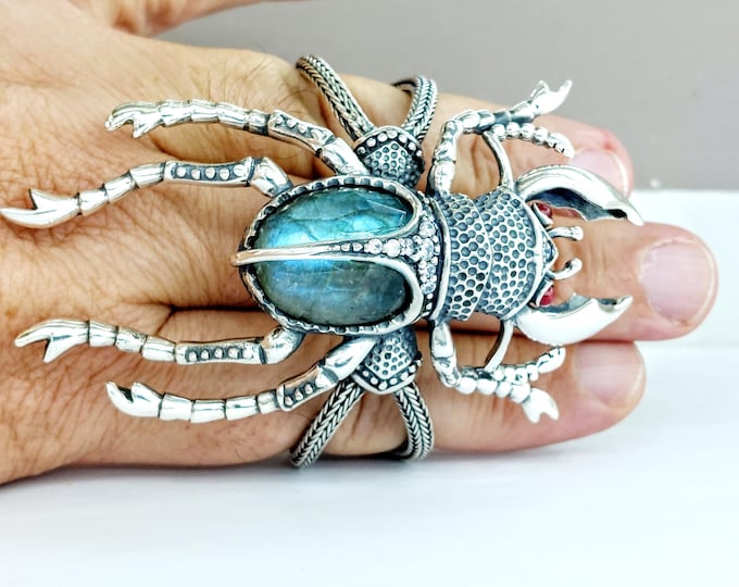 Sterling Silver Scarab Bracelet with labradorite doublet gemstone, Beetle Jewelry