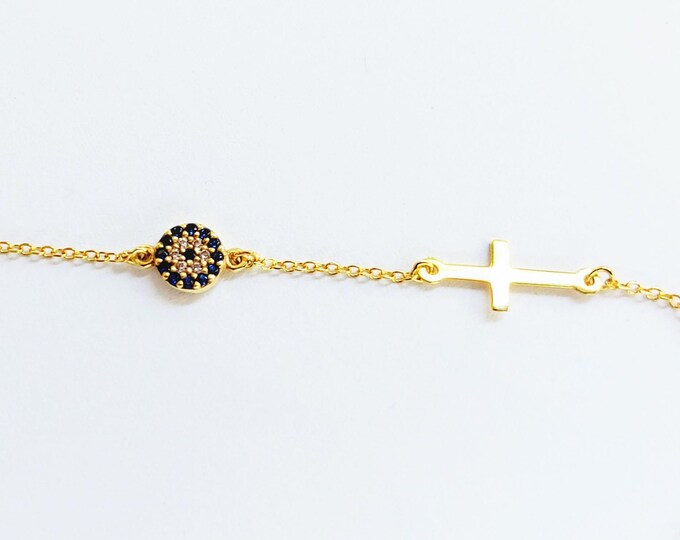 Gold eye and cross bracelet in k14 gold, evil eye jewelry
