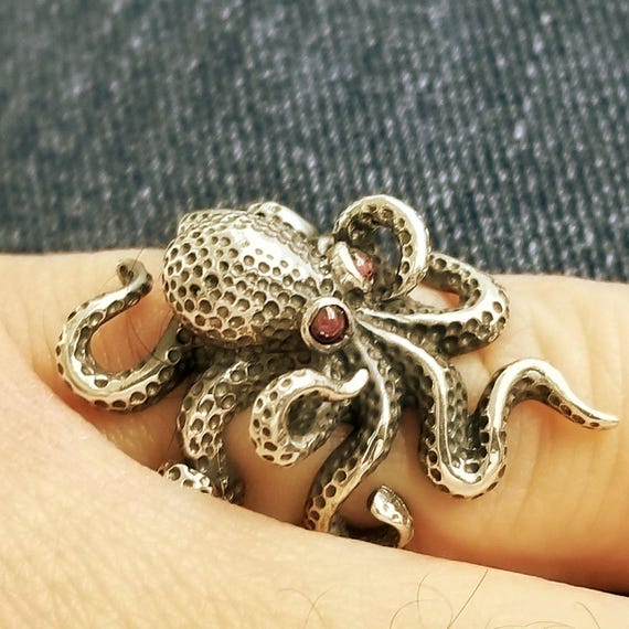 Octopus ring in textured sterling silver, marine-life statement jewelry