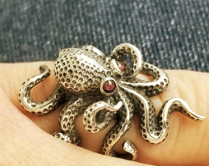 Featured listing image: Octopus ring in textured sterling silver, marine-life statement jewelry