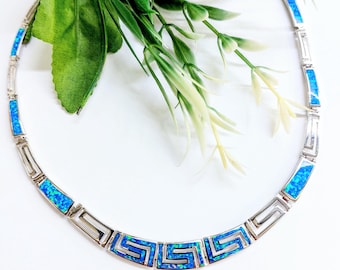 Sterling Silver Greek Key Necklace 925 with Kyocera Blue Opal Inlays – perforated Meander Pattern, Greek Jewelry Gift for Her