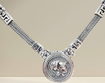 Sterling Silver Athena Coin Necklace – Greek Tetradrachm in Greek Key Bezel with Woven Chain