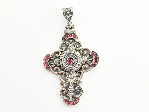 Garnet cross in sterling silver 925, Greek Orthodox spiritual jewellery