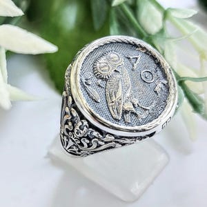 Sterling silver signet ring with Athenian owl, Greek replica coin jewelry