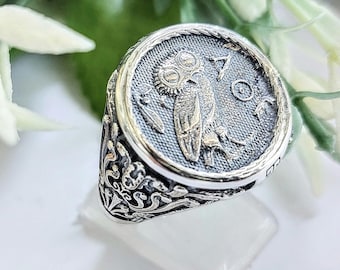 Athena Owl Signet Ring, Sterling Silver 925 Coin Jewelry for him/her
