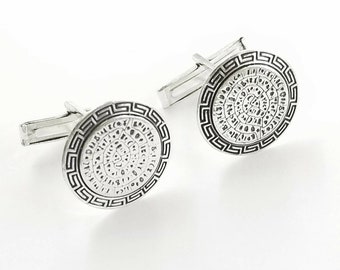 Disc of Phaistos cufflinks in sterling silver 925 with Greek Key bezel, gift accessory for men, meaningful silver cufflinks