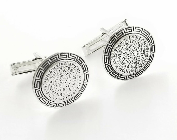 Disc of Phaistos cufflinks in sterling silver 925 with Greek Key bezel, gift accessory for men, meaningful silver cufflinks