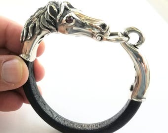 Sterling Silver Horse Bracelet on Black Leather Cord, Equestrian Jewelry