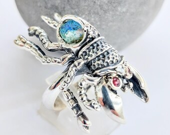 Handmade Scarab Ring in sterling silver, beetle jewelry with chrysocolla doublet,  Egyptian Revival