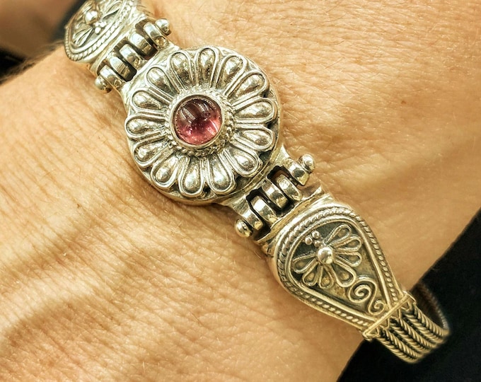 Sterling Silver Pink Tourmaline Bracelet, Handmade Woven Chain Jewelry