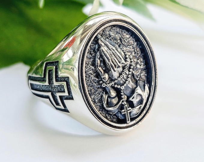 Sterling silver prayer ring, signet ring with rosary and praying hands, silver cross ring, religious jewelry