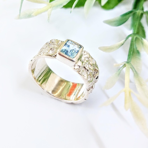 Sterling Silver Aquamarine Statement Ring, Brutal Textured Band, Handmade in Greece