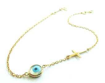K14 Solid Gold Evil Eye Bracelet with Cross - Mother of Pearl