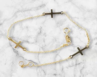 14k Gold Cross Bracelet with Solid 14 Karat Gold Chain, minimalist gold bracelet