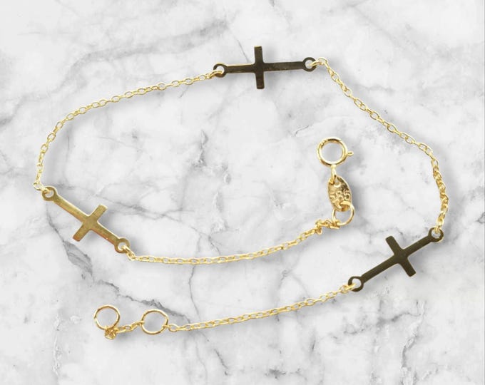 14K gold cross bracelet with three crosses, religious jewelry