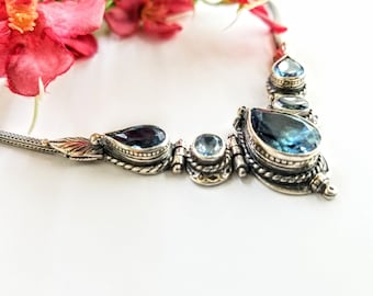 Vintage Style Sterling Silver Blue Topaz Necklace with Handwoven Chain
