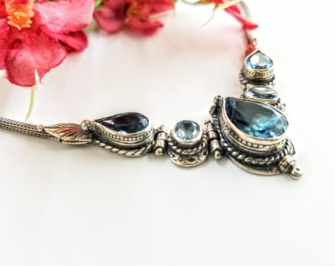 Vintage Style Sterling Silver Blue Topaz Necklace with Handwoven Chain