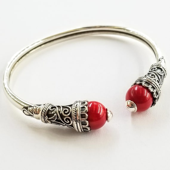 Coral bracelet, sterling silver 925, byzantine cuff, adjustable jewelry for her, stackable accessory