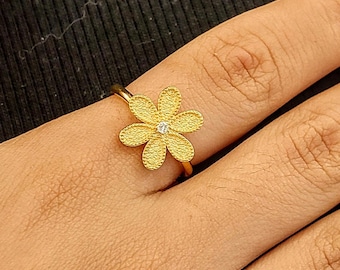 18K Gold Byzantine Ring with Diamond and Rotating Floral Design, Handcrafted Fine Jewelry