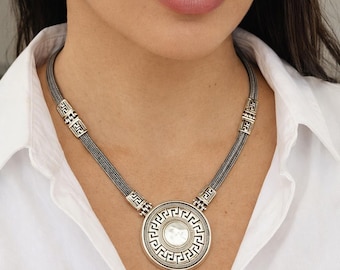 Sterling silver Greek key necklace with mother of pearl on handcrafted silver chain