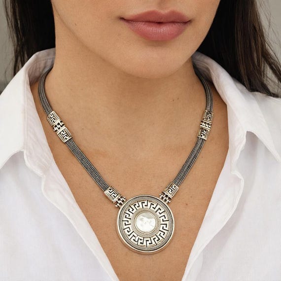 Sterling Silver Greek Key Necklace, Mother of Pearl Inlay, Hand-Woven Chain, Statement Jewelry