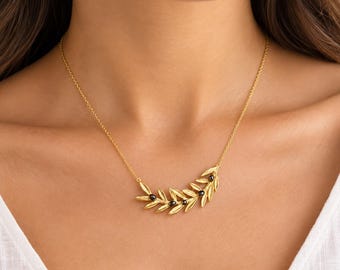 Olive branch necklace in 14K gold, floral jewellery for her