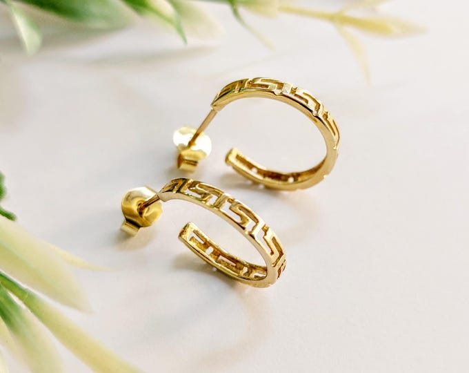 Minimalist K14 gold hoop earrings, Greek key jewelry, Greek mythology earrings, meaningful gold gift, gold earrings