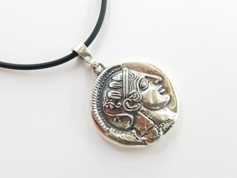 Athena the Goddess replica coin in sterling silver 925. A silver coin pendant with Goddess Athena on one side and Athena owl (with wings open) on the other.