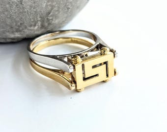 Greek key ring in 14K white and yellow gold, reversible Hellenic jewellery