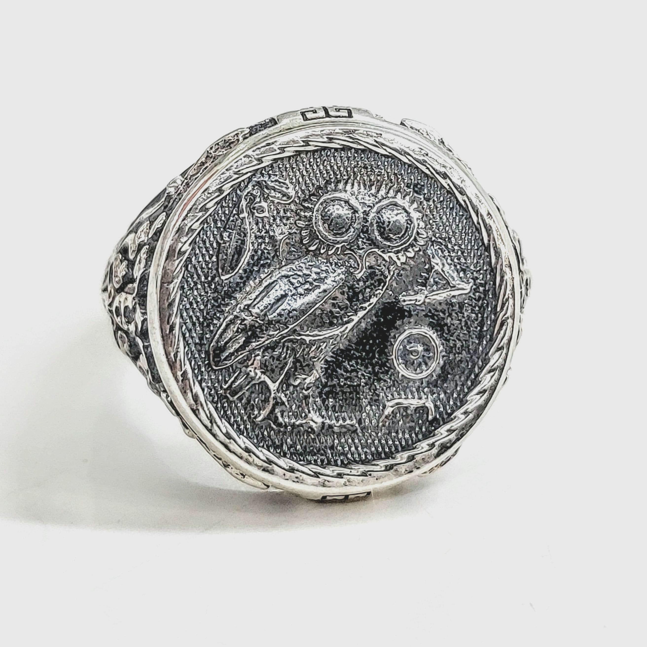 Sterling silver signet ring with Athenian owl, Greek replica coin jewelry