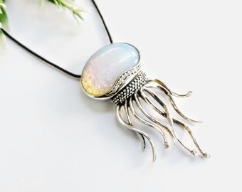 Sterling Silver Jellyfish Pendant Necklace with Large Moonstone and Cubic Zirconia, Ocean Jewelry on Black Leather Cord