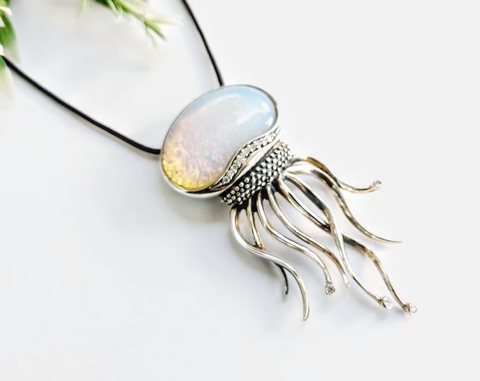 Sterling Silver Jellyfish Pendant Necklace with Large Moonstone and Cubic Zirconia, Ocean Jewelry on Black Leather Cord