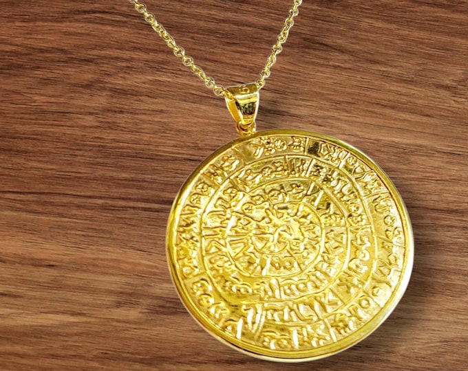 Disc of Phaistos necklace in k14 gold, ancient Greek calendar, symbolic gold necklace