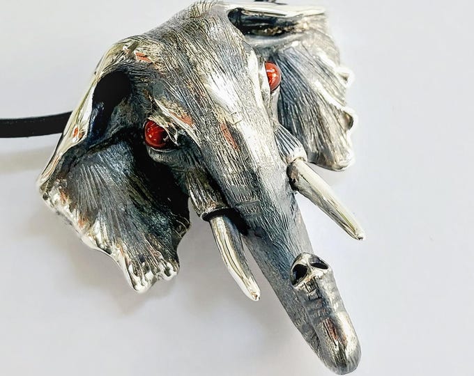 Elephant necklace in sterling silver 925 on black leather cord, elephant jewelry, silver animal pendant.