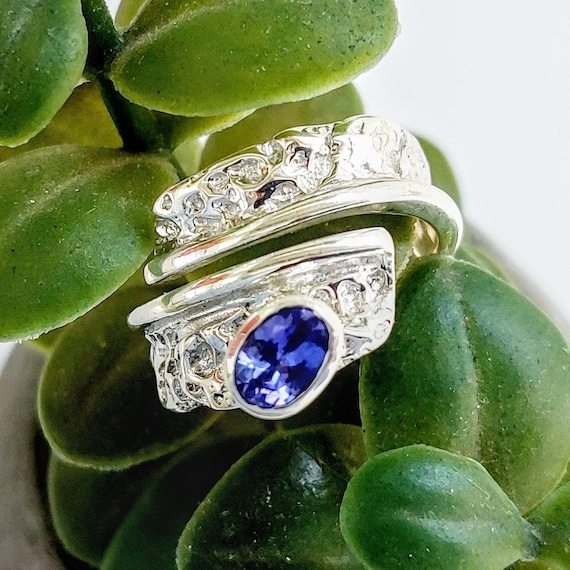 Sterling silver tanzanite ring with hammered texture