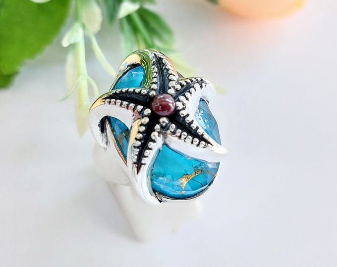 Sterling Silver Starfish Ring with Copper Turquoise Doublet,  Handmade Ocean Jewelry, Nautical Gift