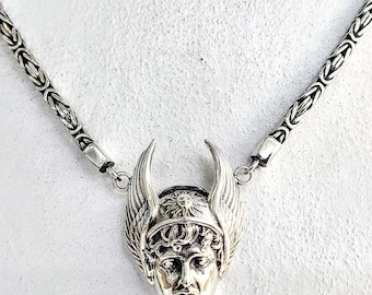 Sterling Silver Greek God Hermes Necklace on Byzantina Chain, Handmade Mythology Jewelry