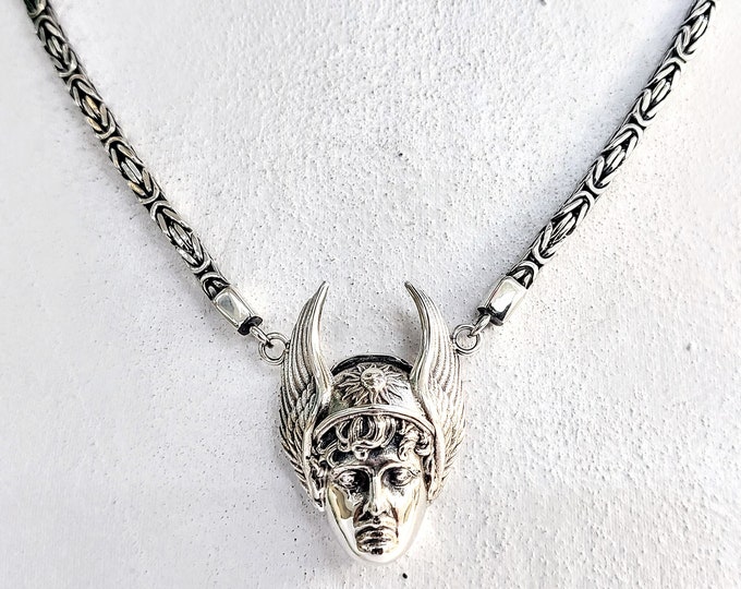 Sterling Silver Greek God Hermes Necklace on Byzantina Chain, Handmade Mythology Jewelry