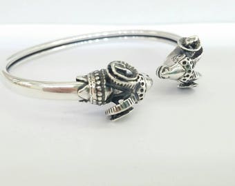 Ram torque bracelet in sterling silver 925, animal jewelry, silver ram head bracelet, silver cuff
